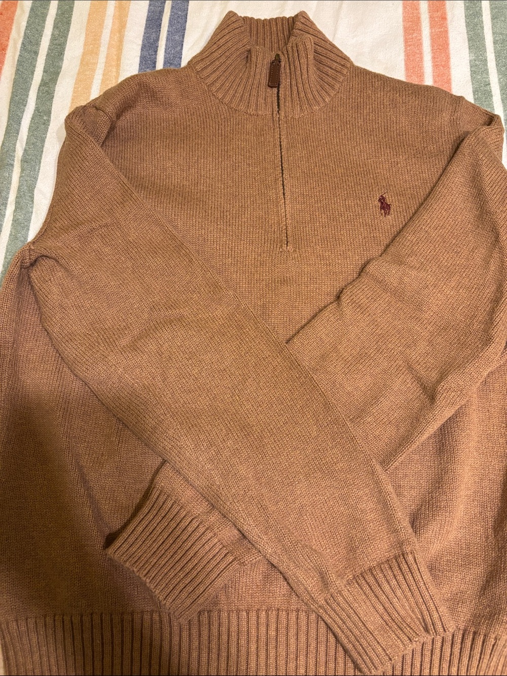 Polo by Ralph Lauren Men’s Quarter Zip Sweater in Camel with Burgundy Pony